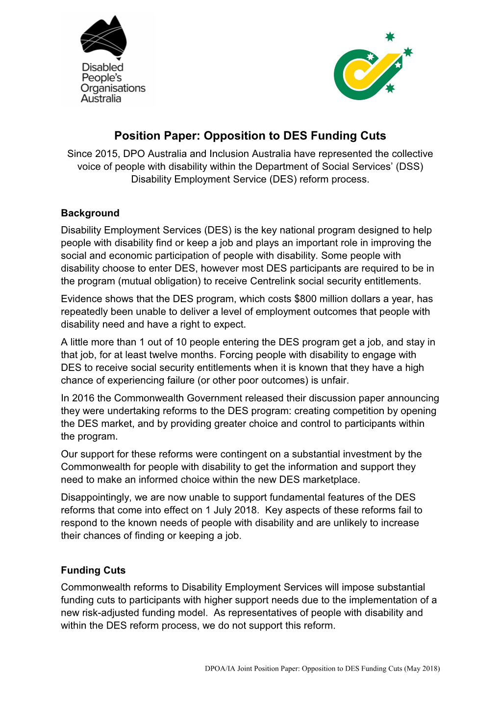 Position Paper: Opposition to DES Funding Cuts