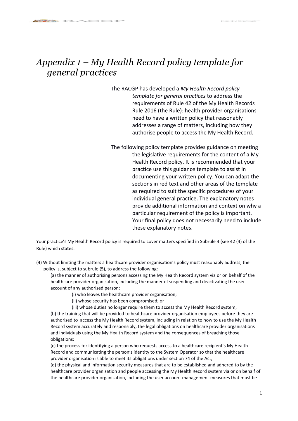 Appendix 1 My Health Record Policy Template for General Practices