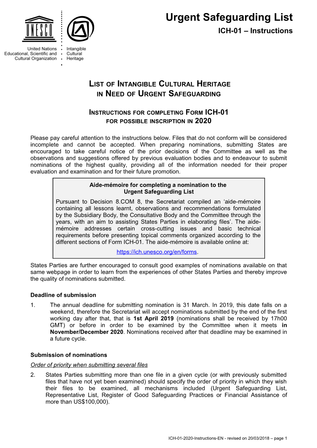 Instructions for Completing Form ICH-01 for Possible Inscription in 2020