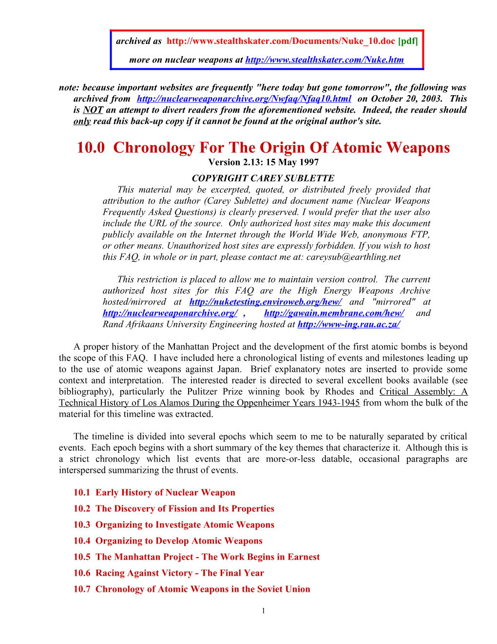 10.0 Chronology for the Origin of Atomic Weapons
