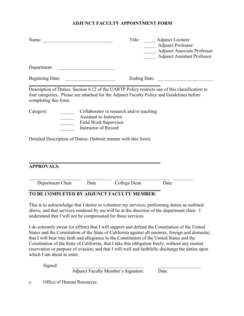Adjunct Faculty Appointment Form