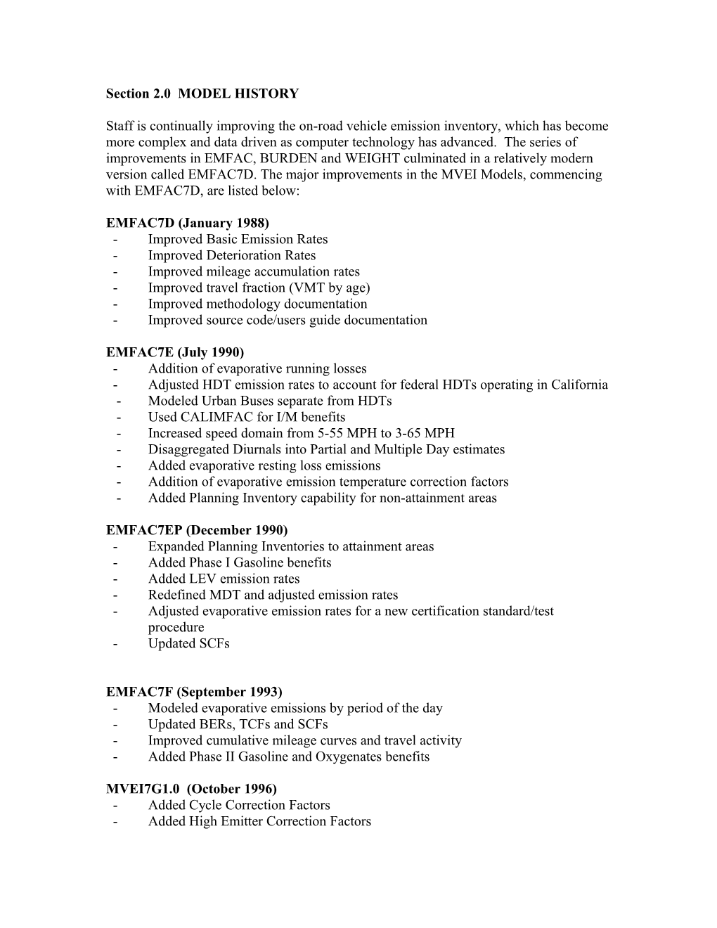 Section 2.0 MODEL HISTORY