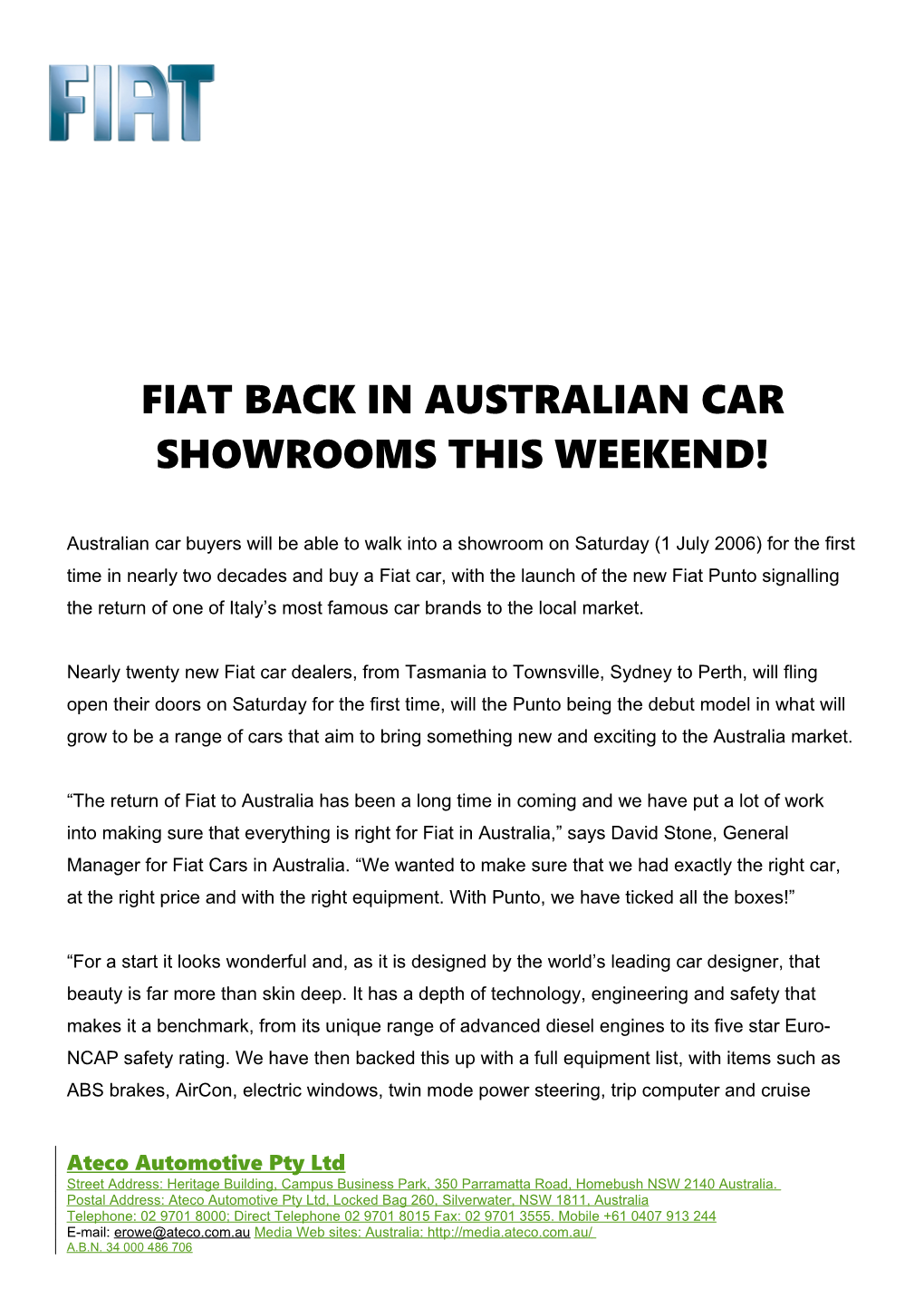 Fiat Back in Australian Car Showrooms This Weekend!