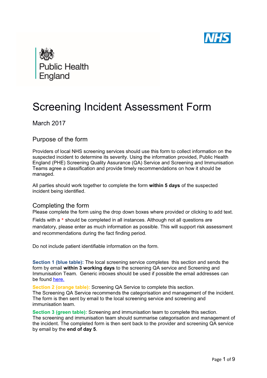 Screening Incident Assessment Form