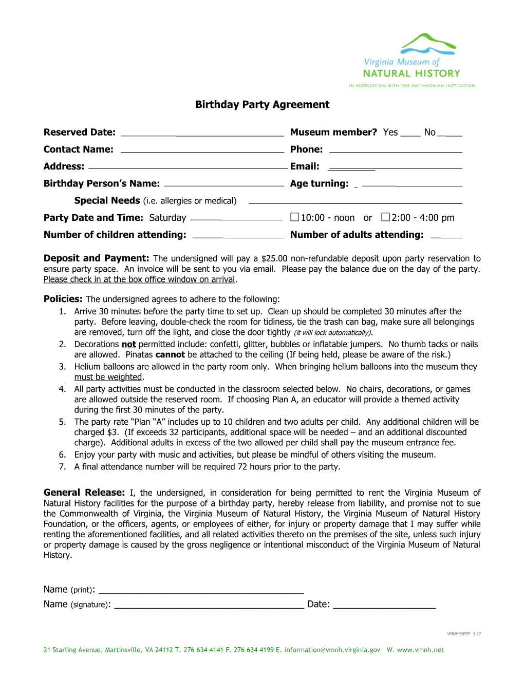 Birthday Party Agreement