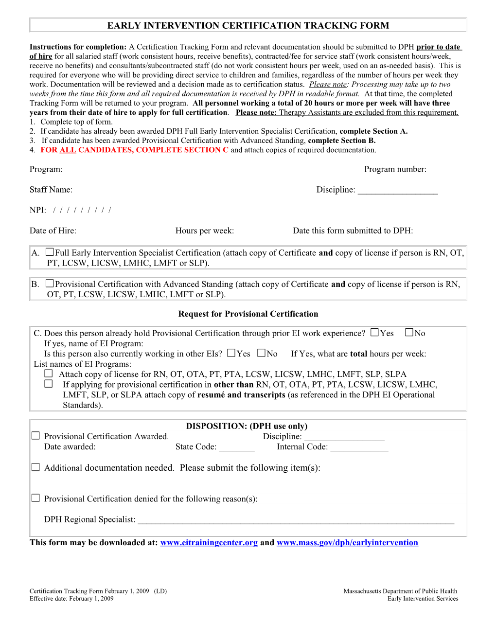 Early Intervention Certification Tracking Form