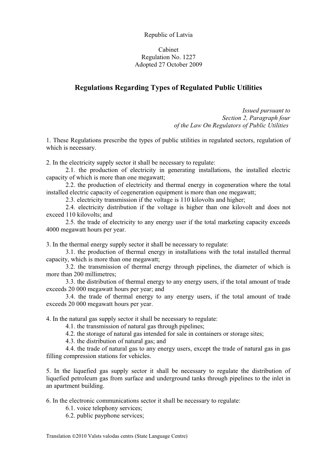 Regulations Regarding Types of Regulated Public Utilities