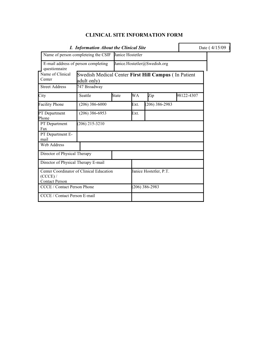 Clinical Site Information Form