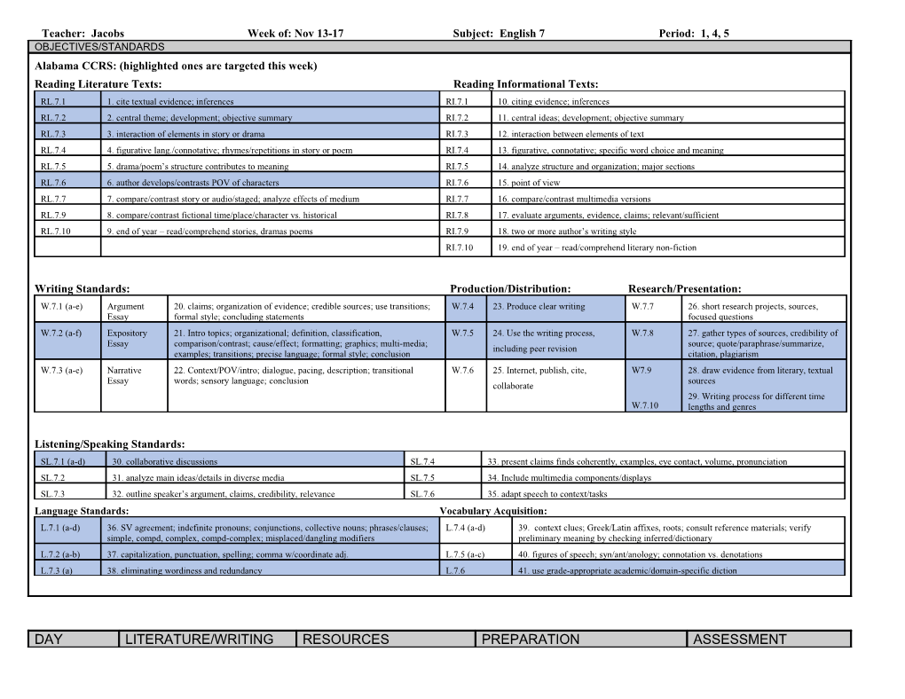 Teacher: Jacobsweek Of: Nov 13-17Subject: English 7Period: 1, 4, 5