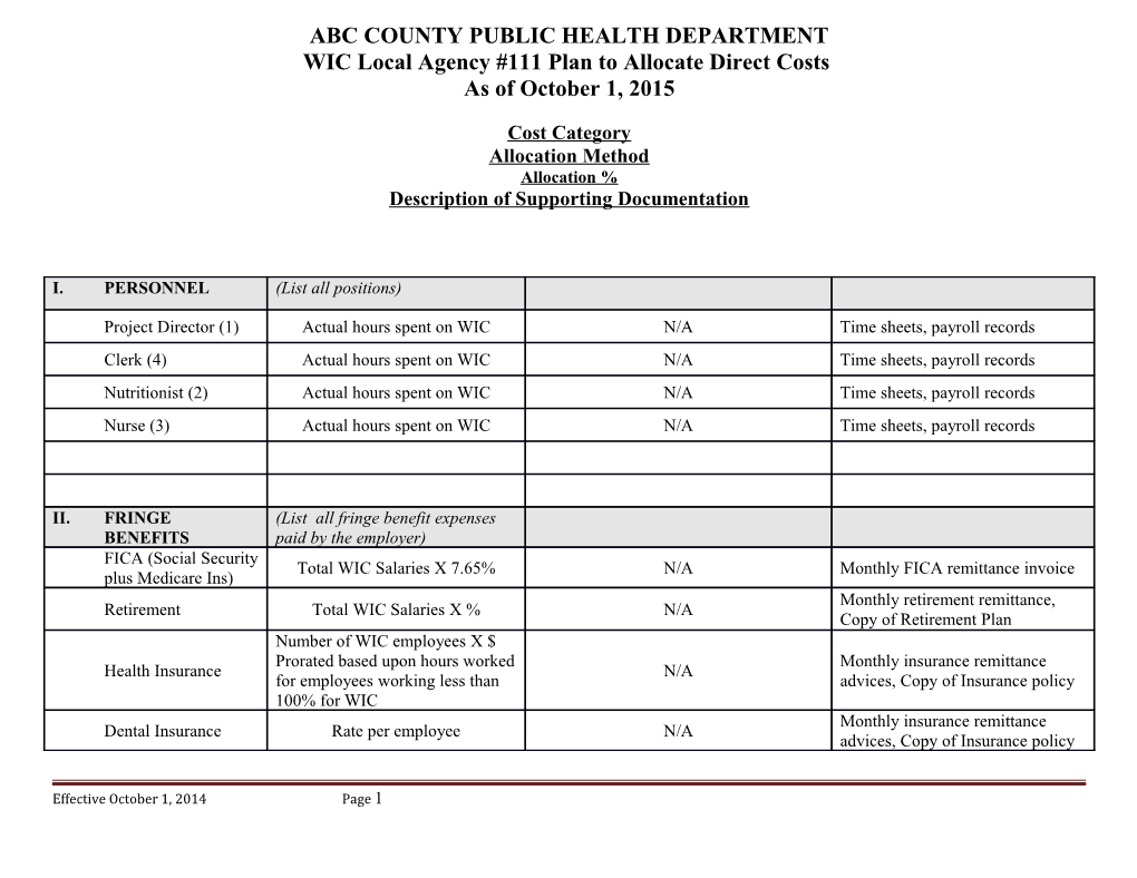 WIC Local Agency #111 Plan to Allocate Direct Costs