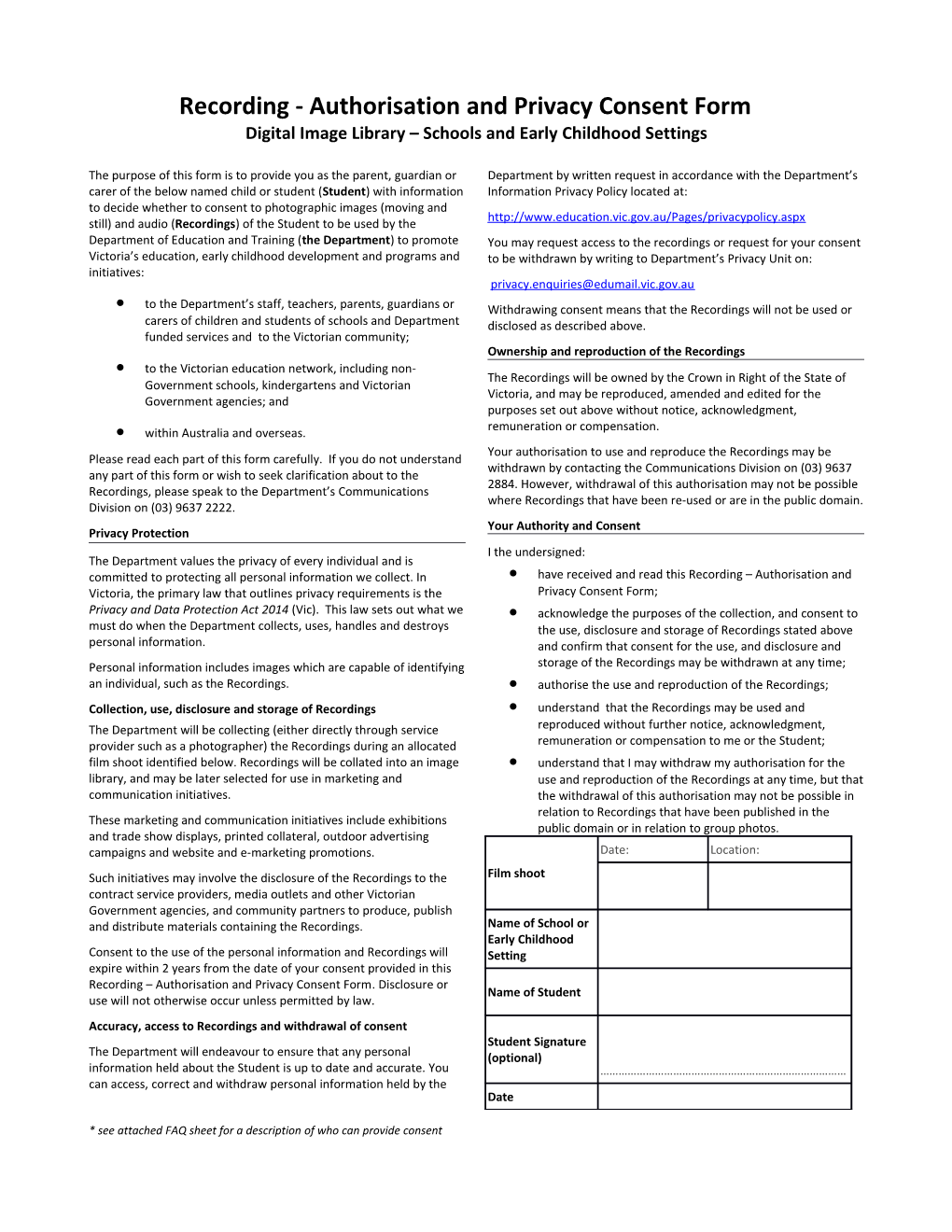 Recording - Authorisation and Privacy Consent Form