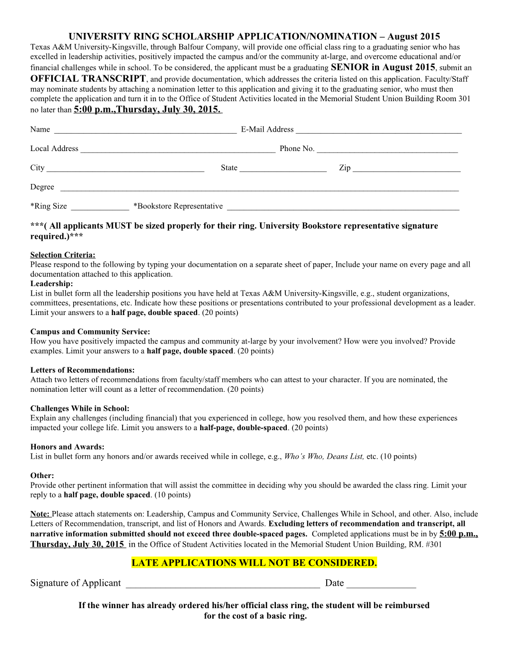 UNIVERSITY RING SCHOLARSHIP APPLICATION/NOMINATION August 2015