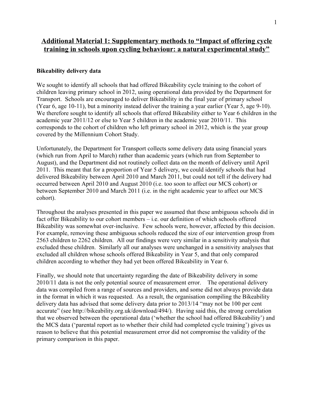 Additional Material 1: Supplementary Methods to Impact of Offering Cycle Training in Schools