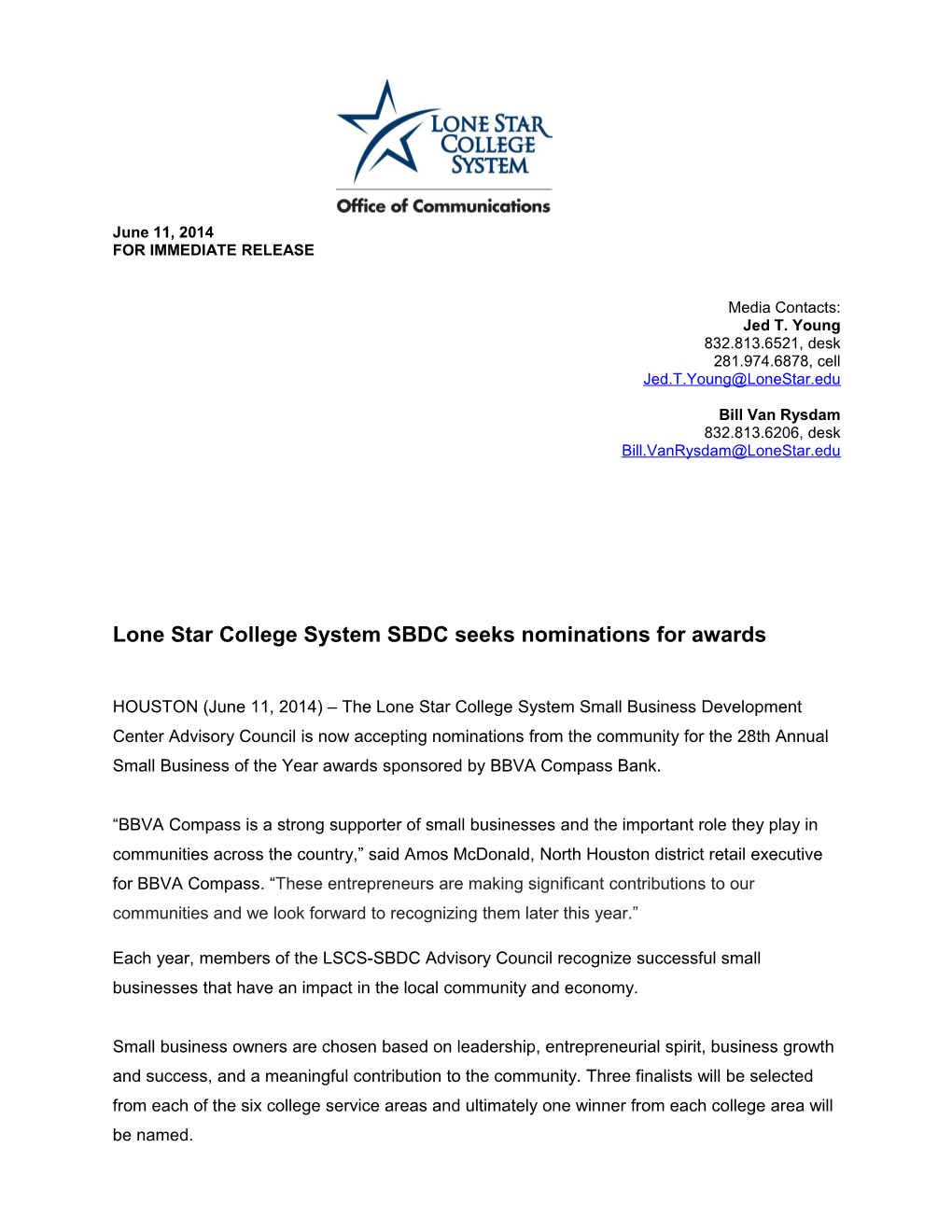 Lone Star College System SBDC Seeks Nominations for Awards