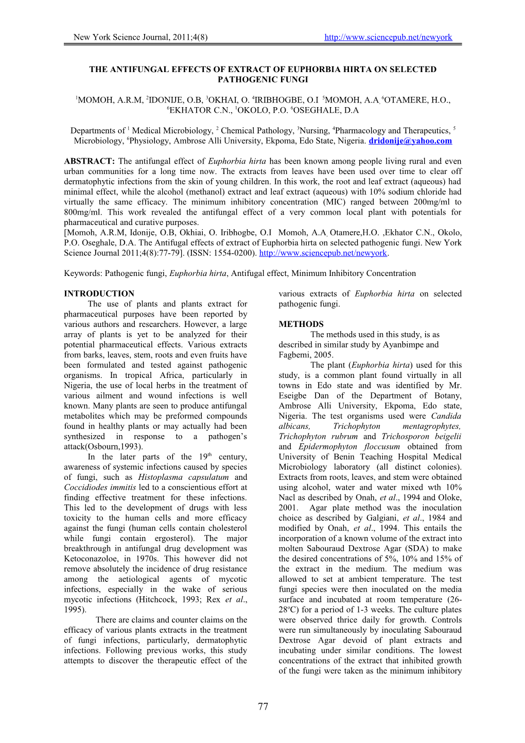 The Antifungal Effects of Extract of Euphorbia Hirta on Selected Pathogenic Fungi