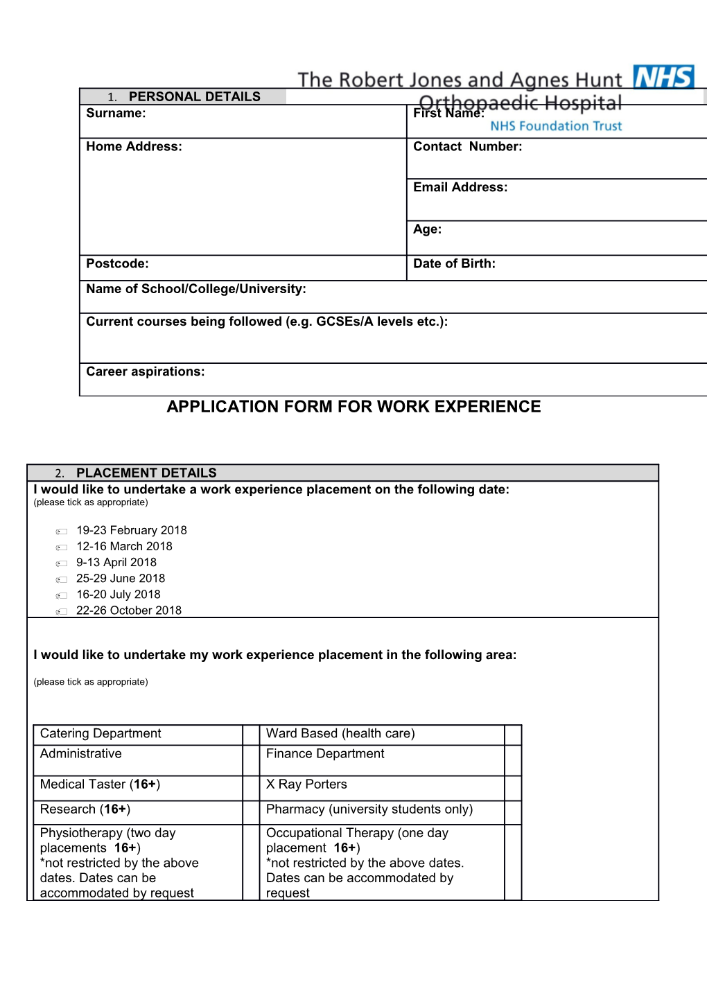 Application Form for Work Experience