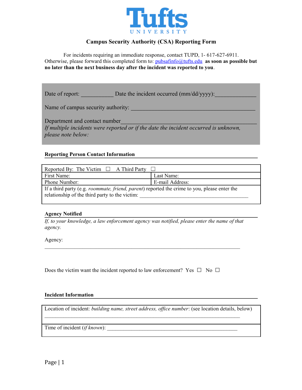 Campus Security Authority Reporting Form