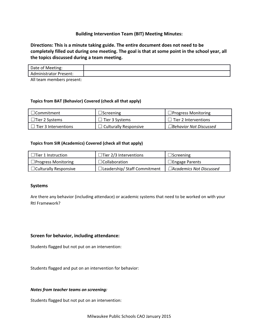 Building Intervention Team (BIT) Meeting Minutes