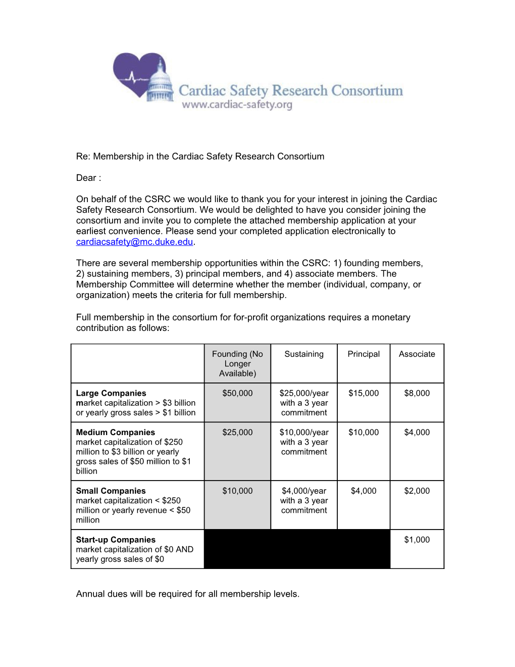 Re: Membership in the Cardiac Safety Research Consortium