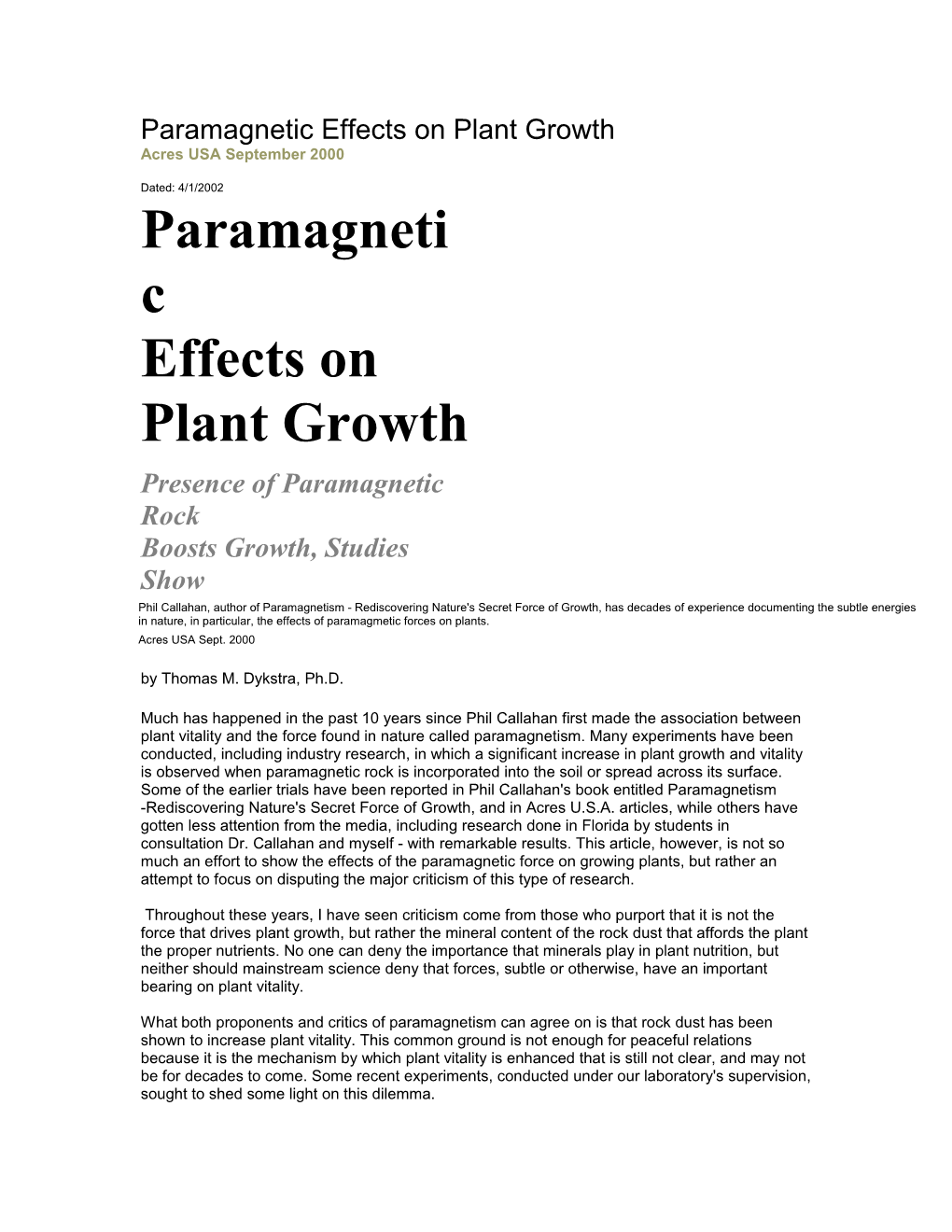 Paramagnetic Effects on Plant Growth