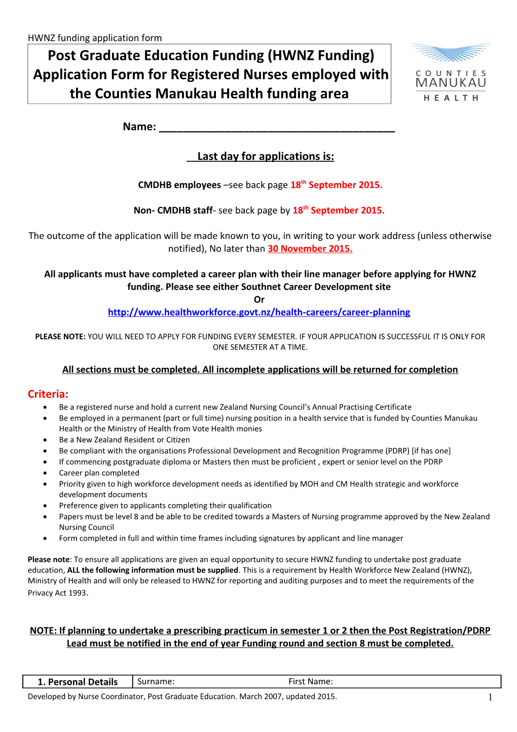 Application Form for Post Graduate Education Funding for Registered Nurses Employed With