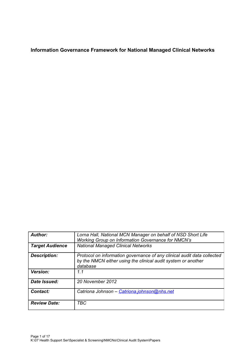 Information Governance Framework for National Managed Clinical Networks