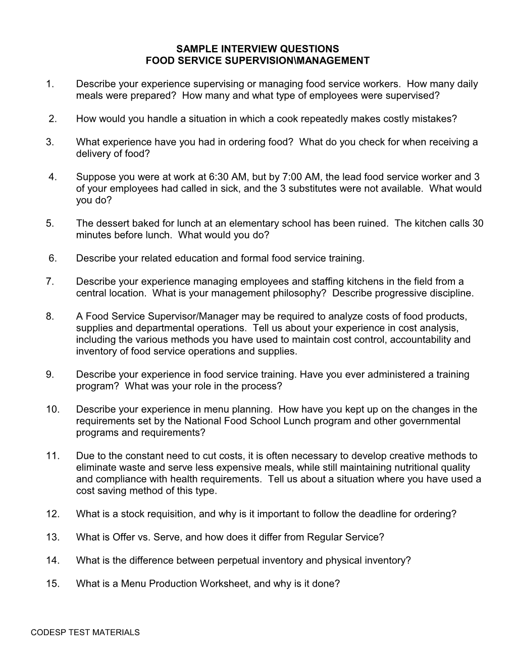Sample Food Service Supervision Management Interview Questions