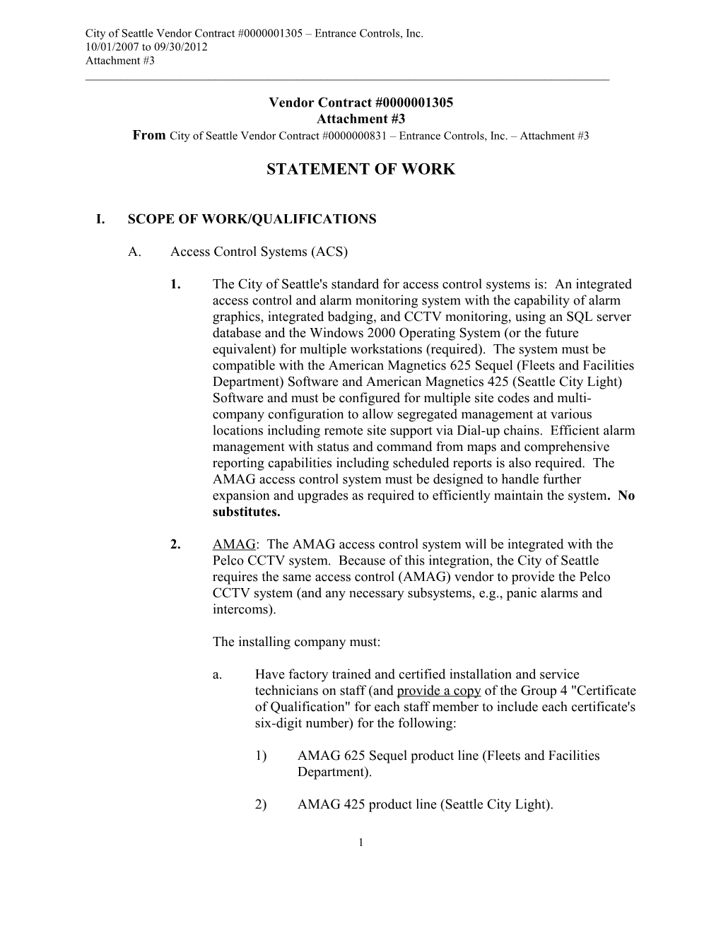 City of Seattle Vendor Contract #0000001305 Entrance Controls, Inc