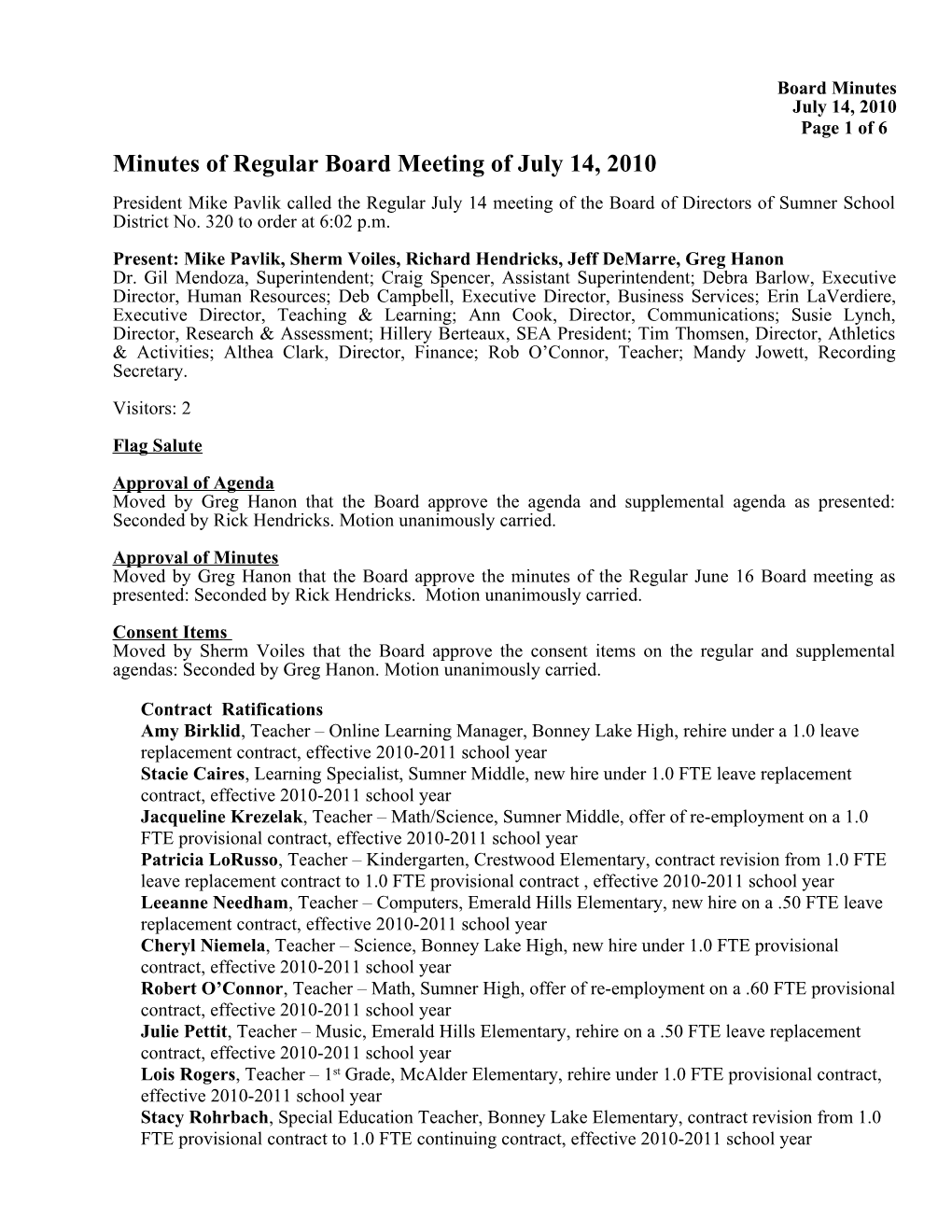 Minutes of Regular Board Meeting of July 14, 2010
