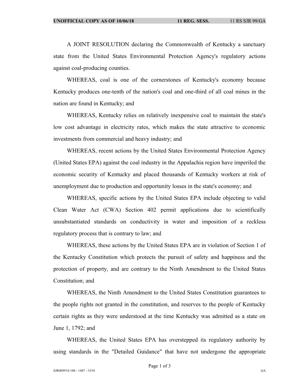 A JOINT RESOLUTION Declaring the Commonwealth of Kentucky a Sanctuary State from the United