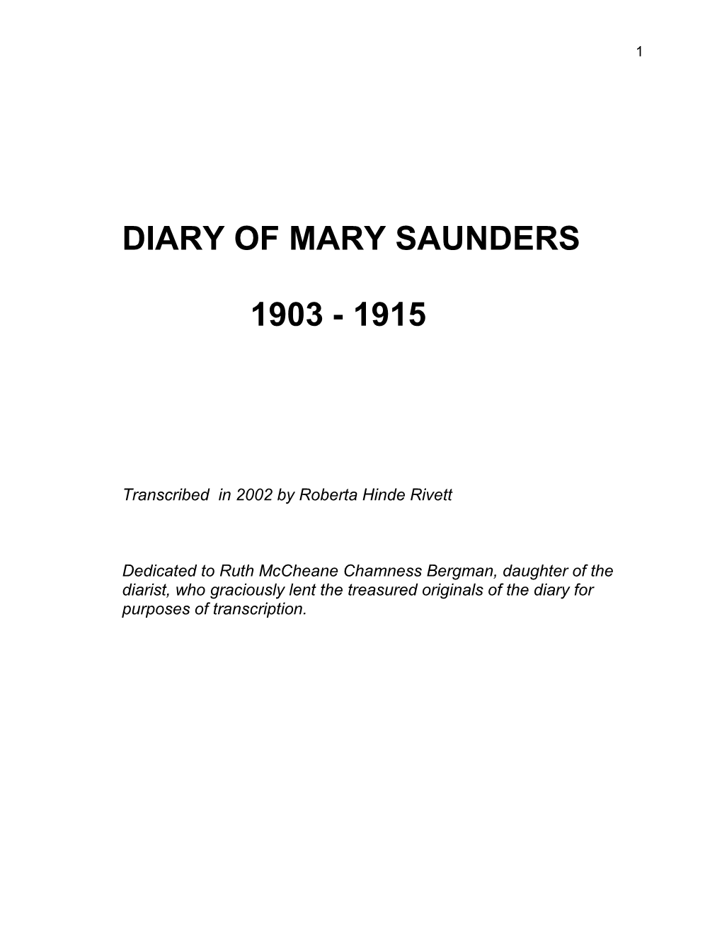 Diary of Mary Saunders Mccheane