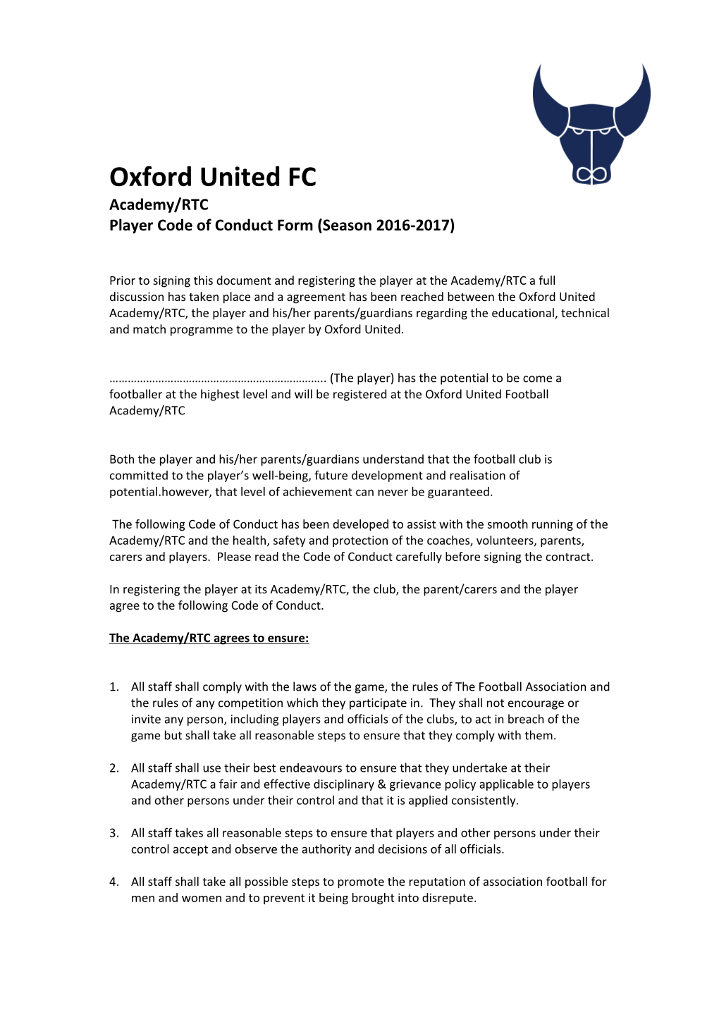 Player Code of Conduct Form (Season 2016-2017)