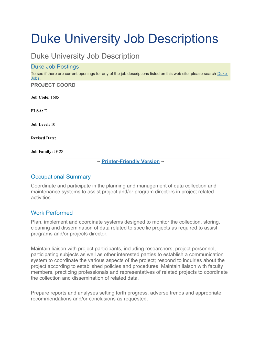 Duke University Job Descriptions