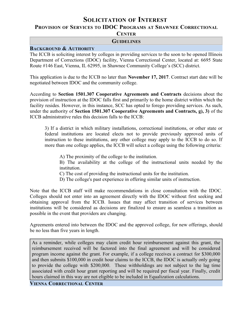 Provision of Services to IDOC Programs at Shawnee Correctional Center