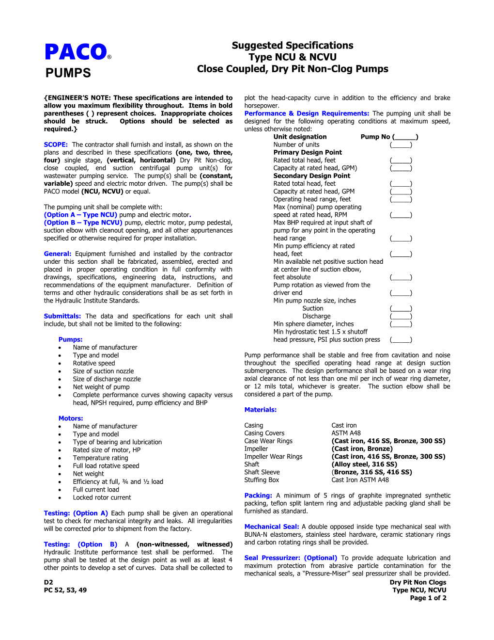 ENGINEER S NOTE: These Specifications Are Intended to Allow You Maximum Flexibility Throughout