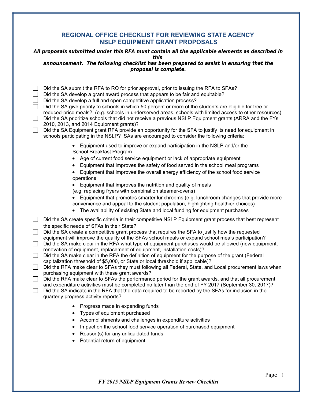 SP26-2015A5: Regional Office Checklist for Reviewing State Agency NSLP Equipment Grant Proposals