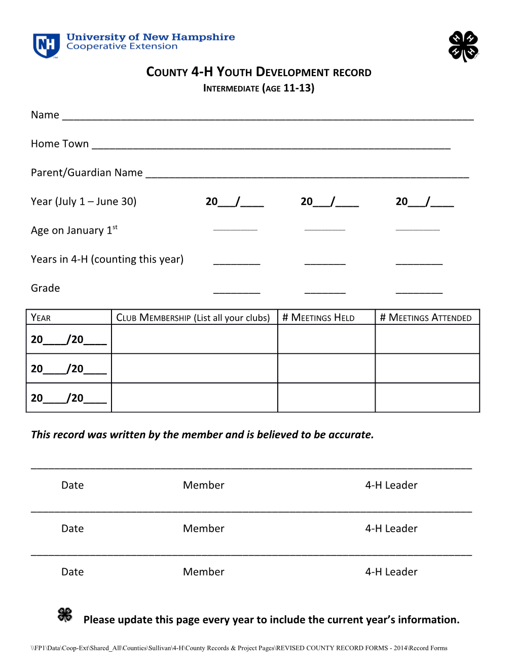 County 4-H Youth Development Record
