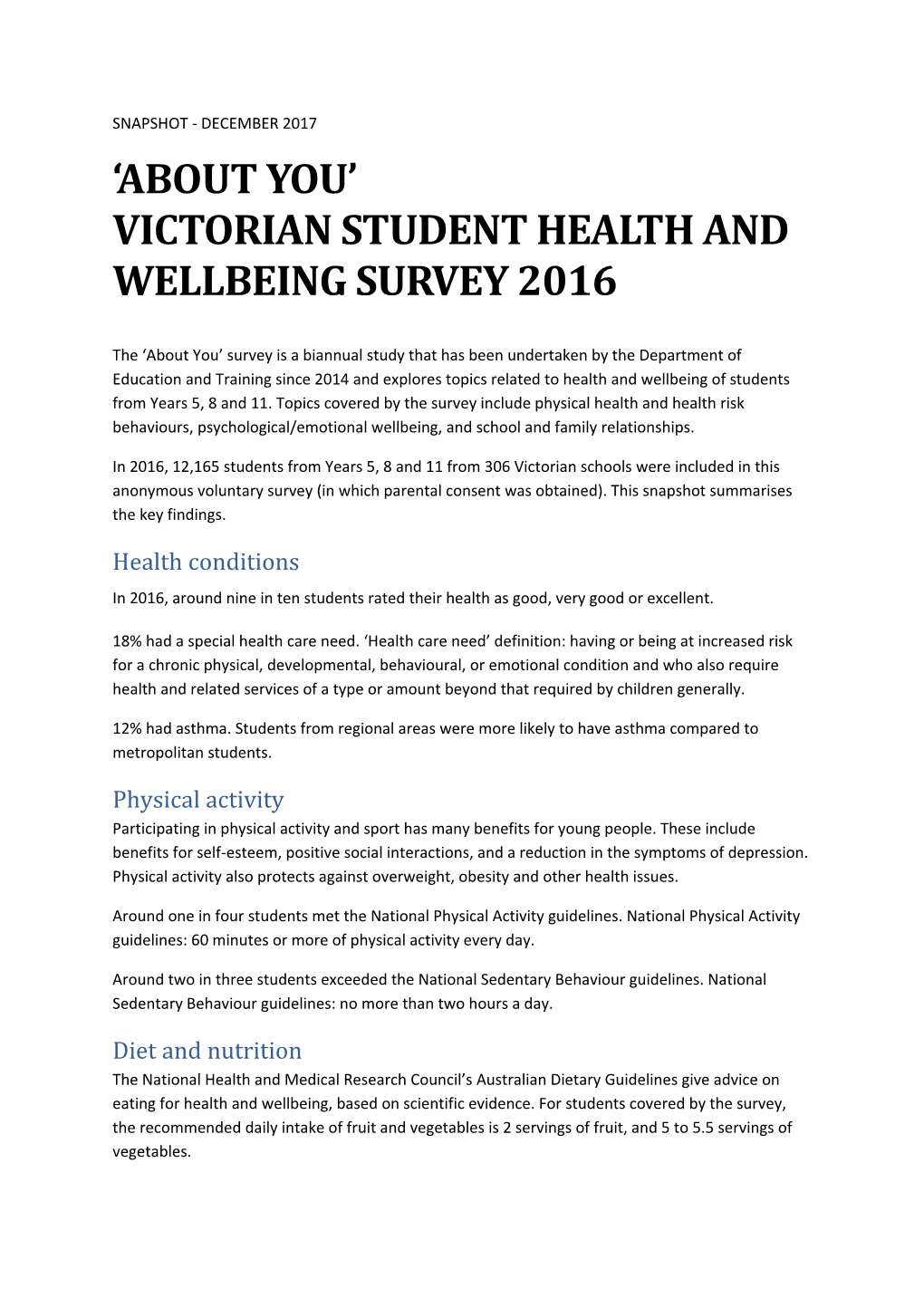 Victorian Student Health and Wellbeing Survey2016