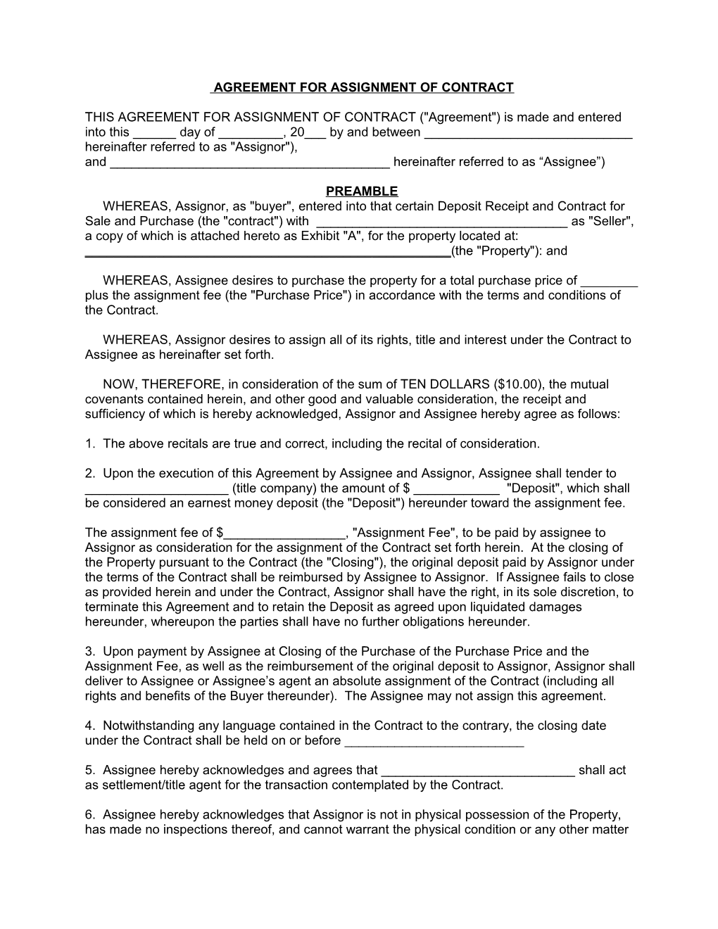 Agreement for Assignment of Contract