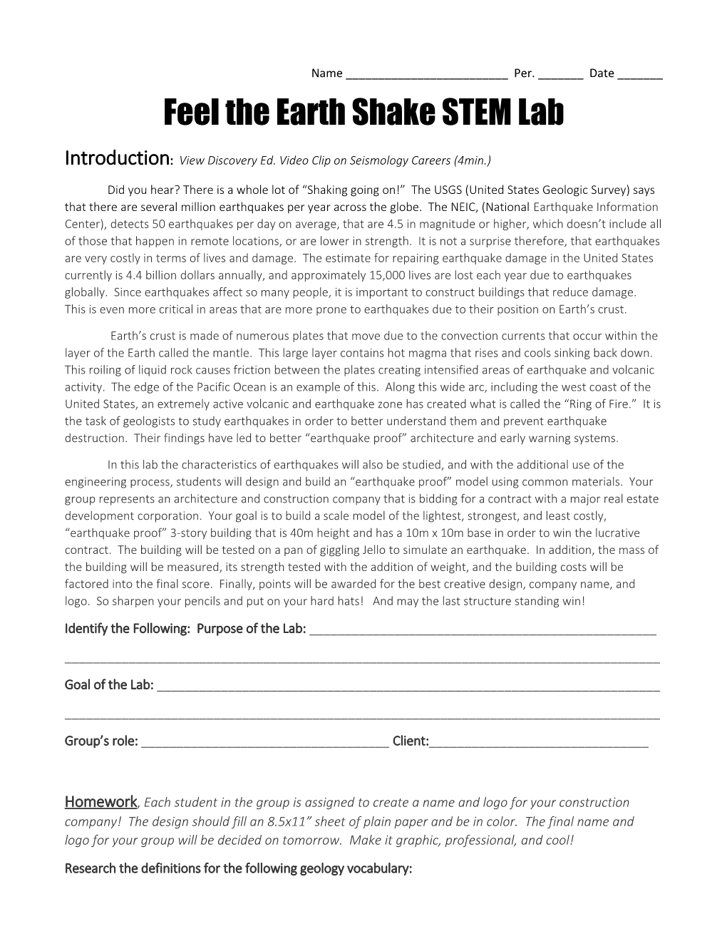 Feel the Earth Shake STEM Lab