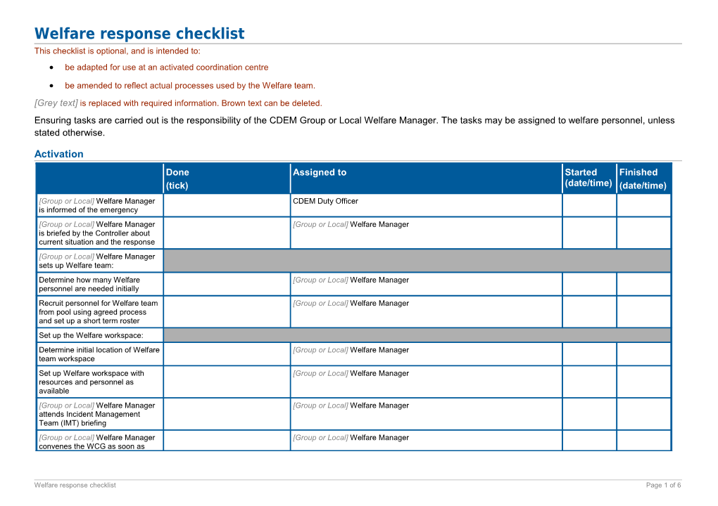 Welfare Response Checklist