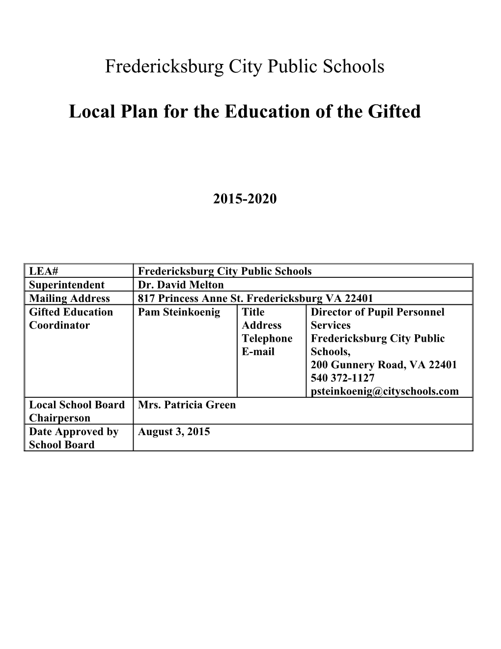 Local Plan for the Education of the Gifted