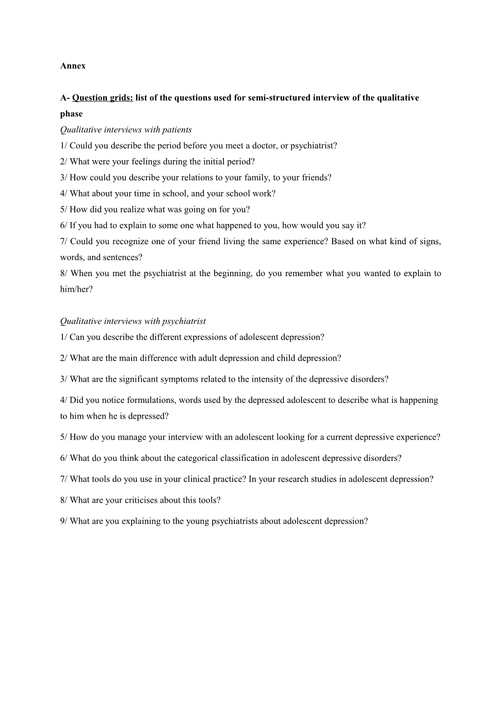 A- Question Grids: List of the Questions Used for Semi-Structured Interview of the Qualitative