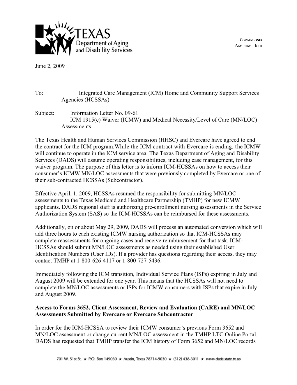 IL 09-061 ICM 1915(C) Waiver (ICMW) and Medical Necessity/Level of Care (MN/LOC) Assessments