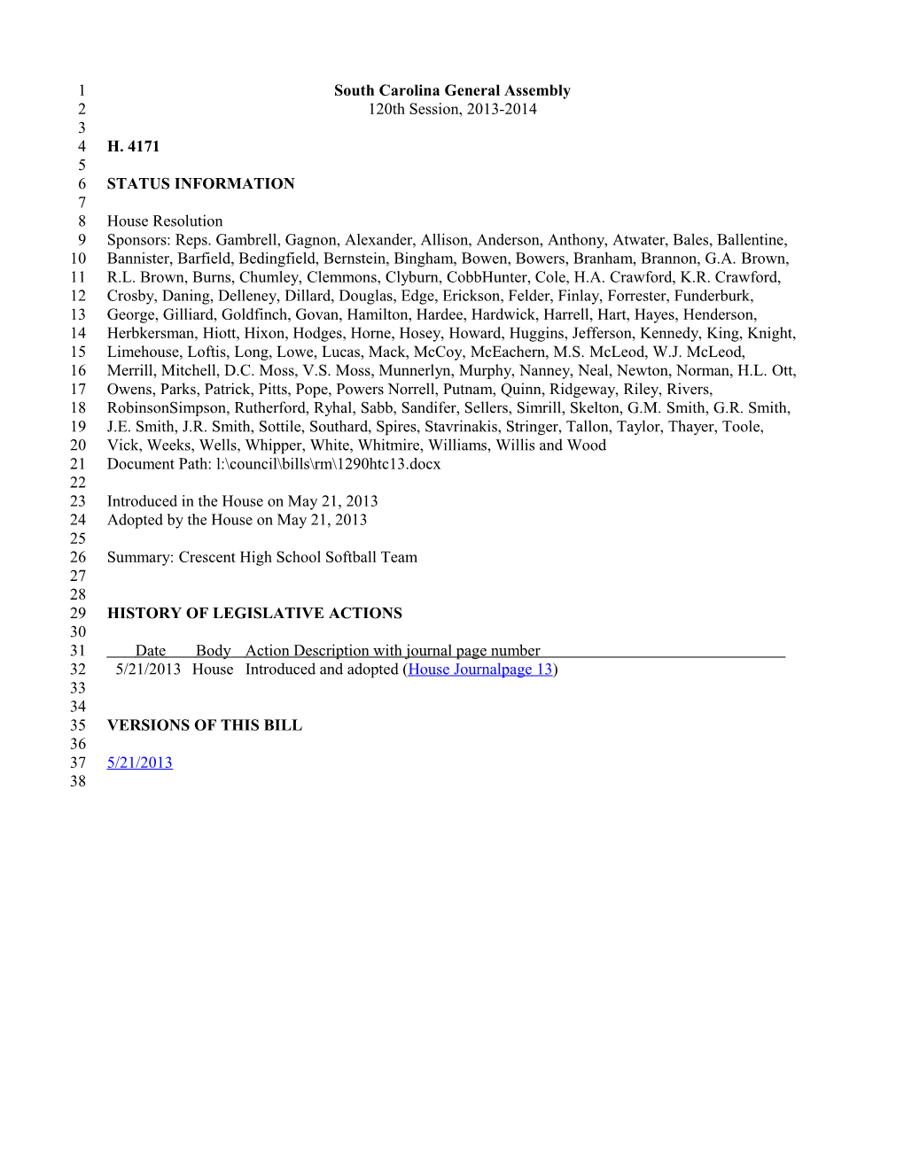 2013-2014 Bill 4171: Crescent High School Softball Team - South Carolina Legislature Online