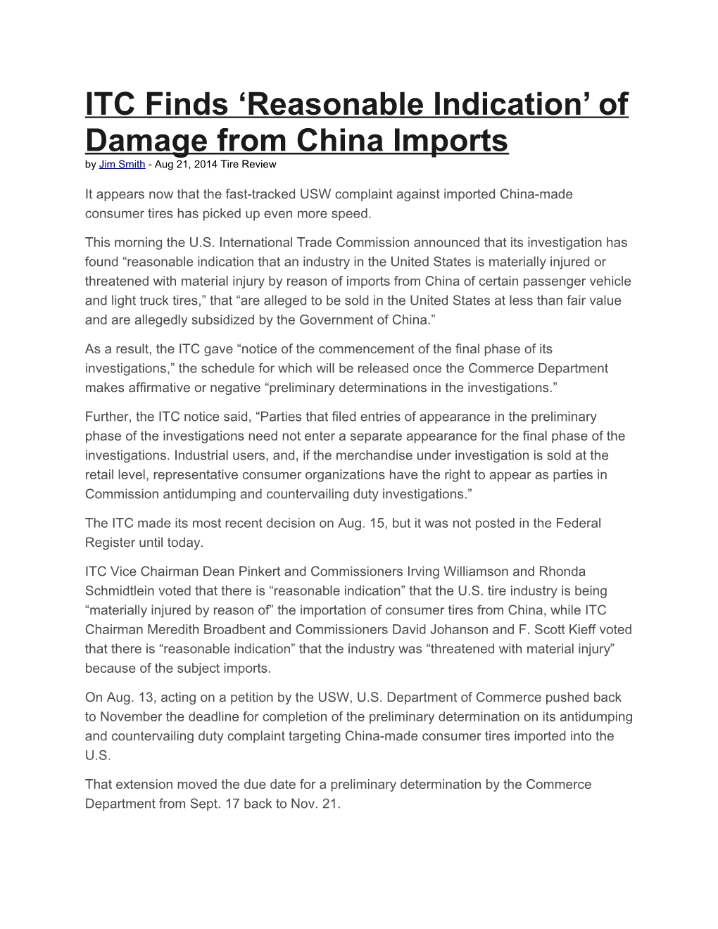 ITC Finds Reasonable Indication of Damage from China Imports