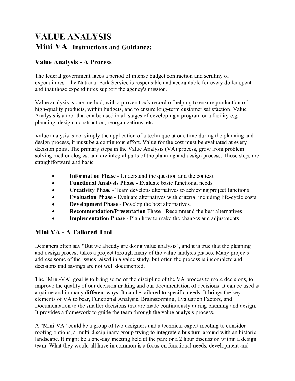 Mini Value Analysis (VA) Instructions and Guidance