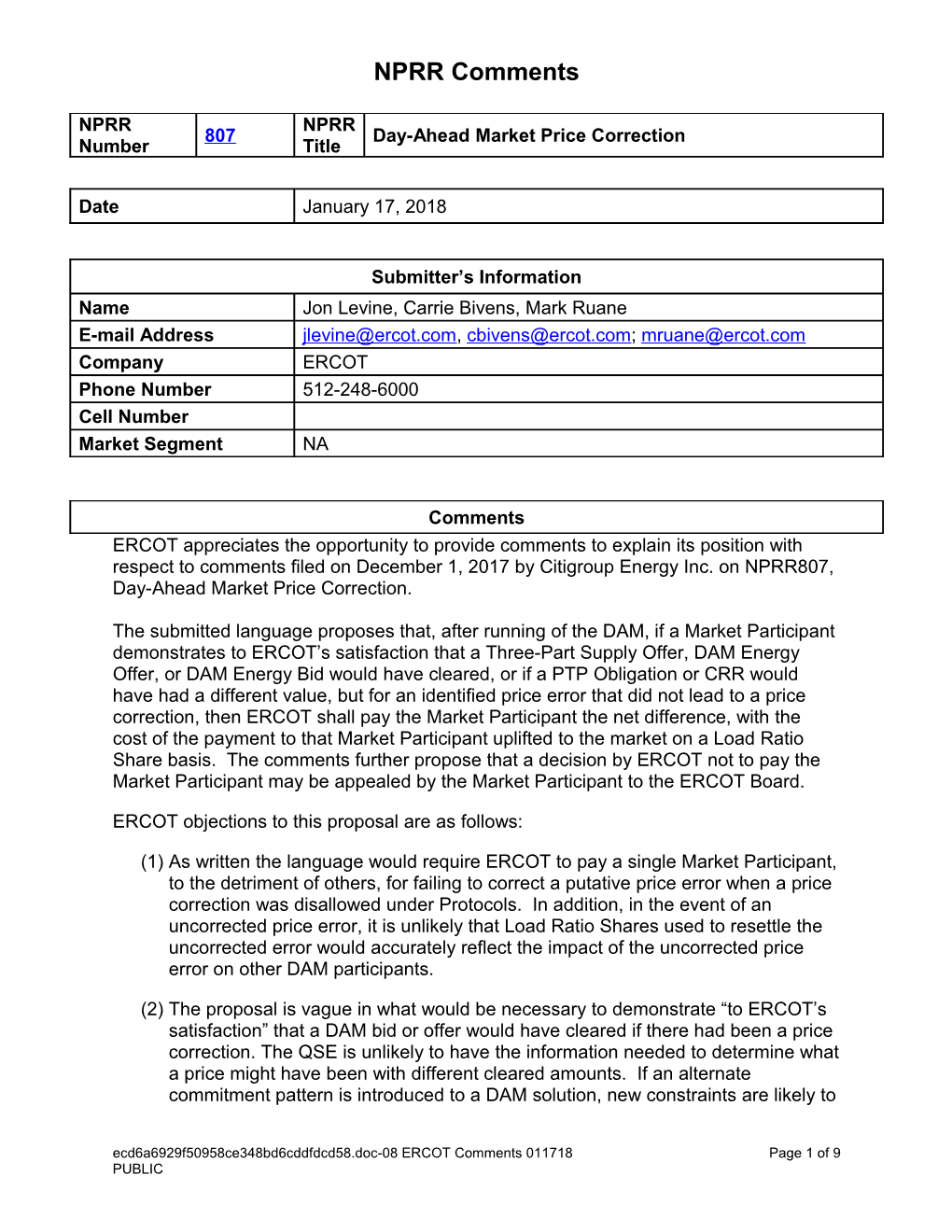 ERCOT Objections to This Proposal Are As Follows