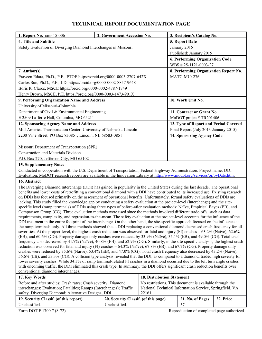 Technical Report Documentation Page Modot Version Example