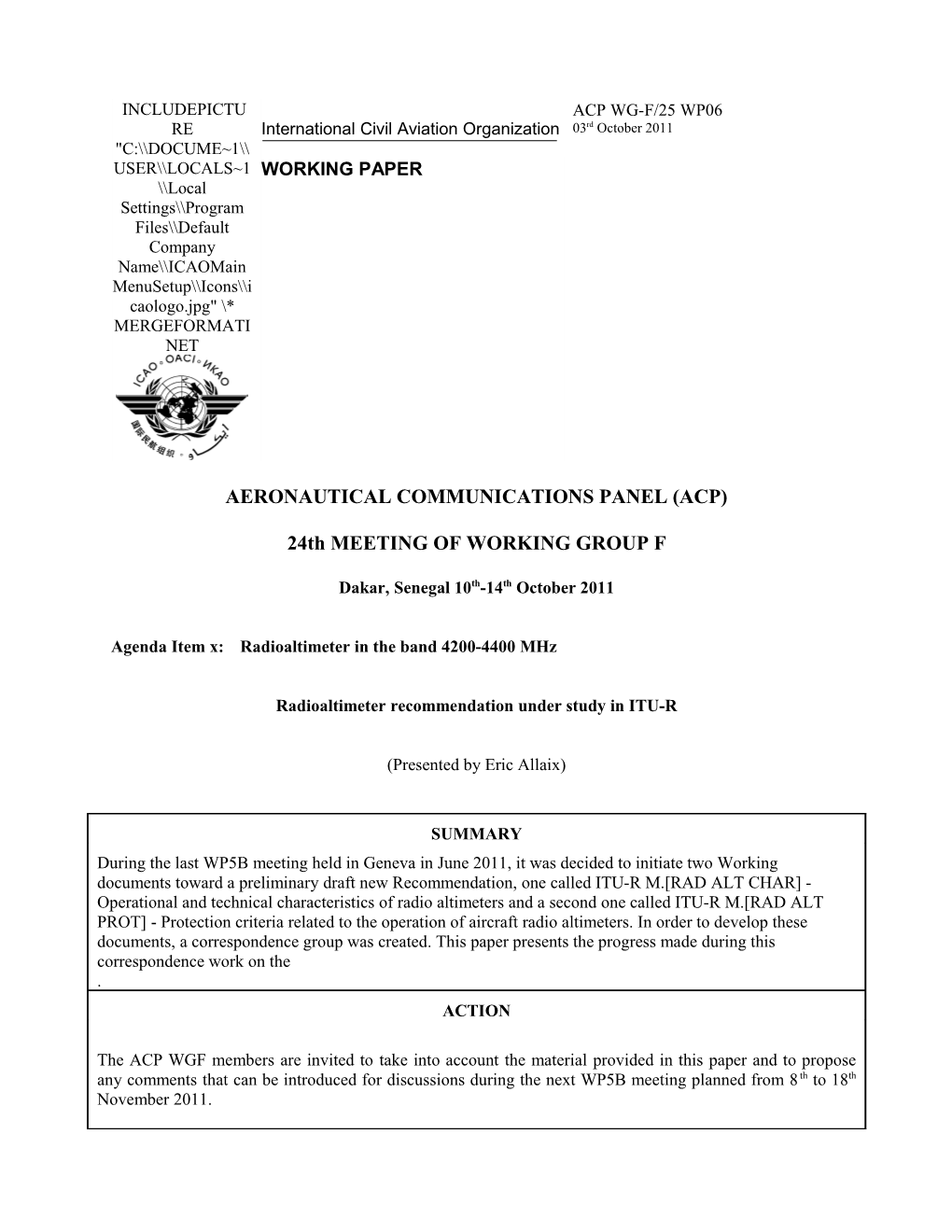 Radioaltimeter Recommendation Under Study in ITU-R